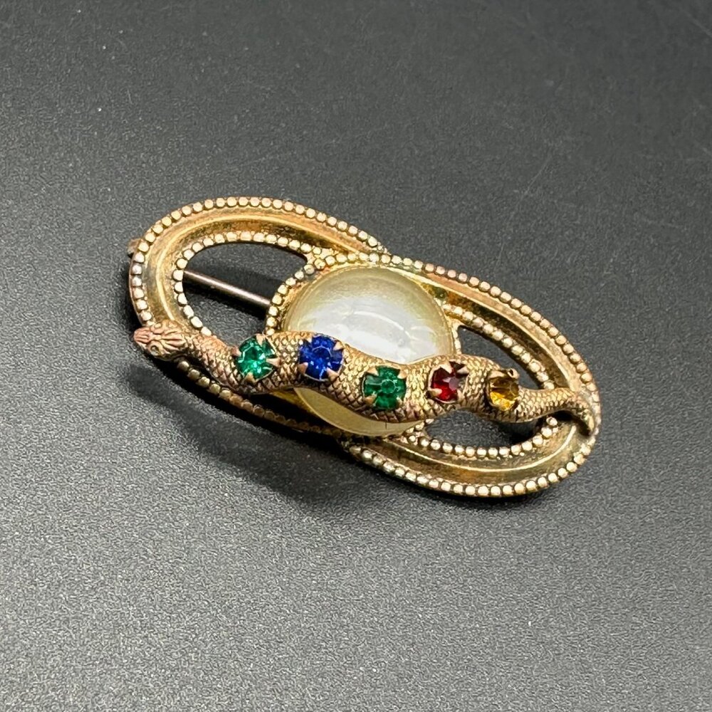 Antique Victorian Snake Brooch Pin Glass Gems Faux Pearl Serpent Jewelry Vintage